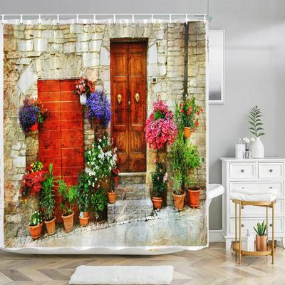 Tuscan Shower Curtain Colorful Flowers Outside Home In Italian Hilltown Assisi Rustic Door Image Cloth Fabric Art Bathroom Decor