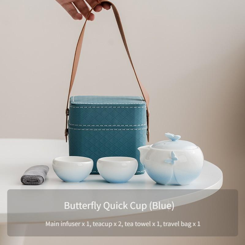 

Butterfly-shaped tea set with storage bag, portable camping ceramic teapot suitable for outdoor, travel, and home use синий