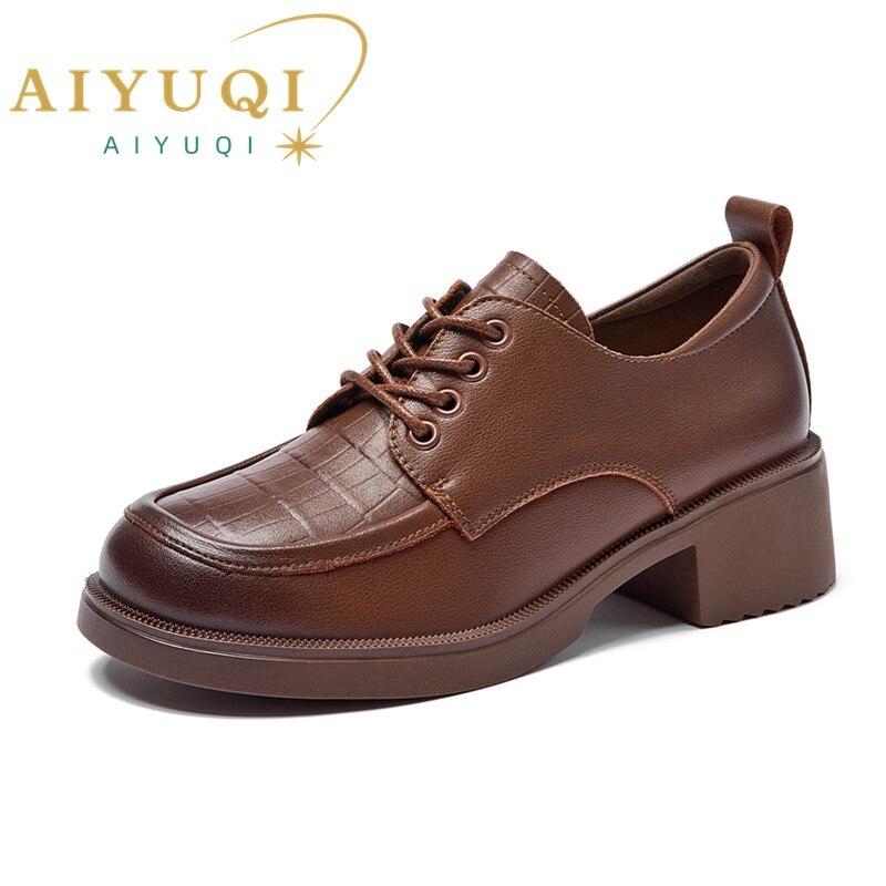 

Женские лоферы Натуральная кожа Шнуровка в британском стиле Женские туфли Chunky Круглый носок Ретро Обувь Дамы