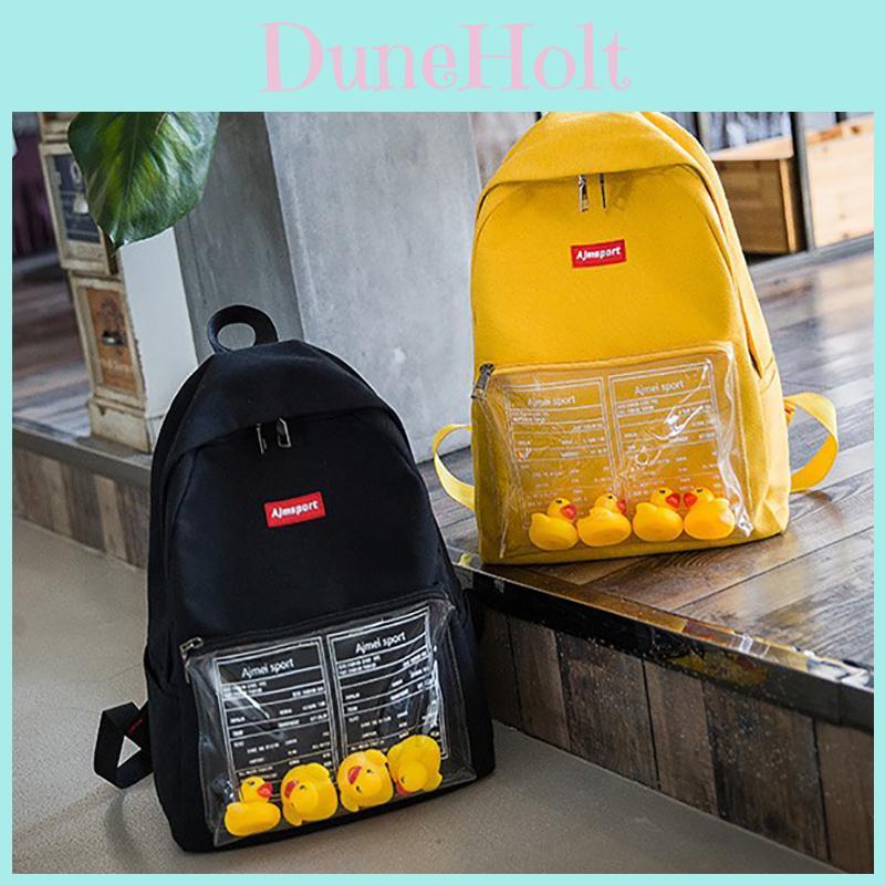 Durable Canvas Womens Backpack With Fun Duck Toy And Transparent School Bag Design