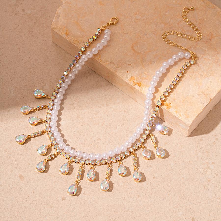 Light luxury zircon water drop diamond imitation pearl double-layer clavicle necklace temperament necklace