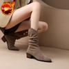 Pointed Toe Middle Heel Women'S Half High Boots Autumn Winter Fleece-Lined Ladies Mid Calf Shoes Fashion  Y2K New Footwear
