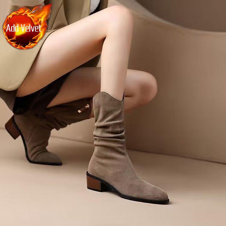 Pointed Toe Middle Heel Women'S Half High Boots Autumn Winter Fleece-Lined Ladies Mid Calf Shoes Fashion  Y2K New Footwear