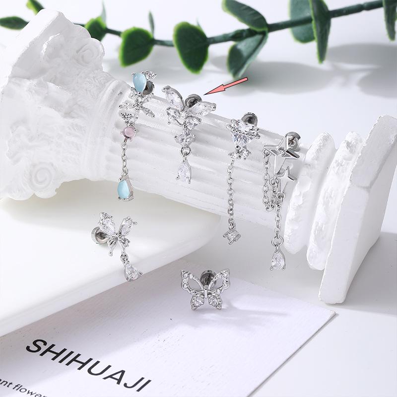 Korean Flower Teardrop Pendant Heart Star Titanium Steel Cartilage Stud Earrings