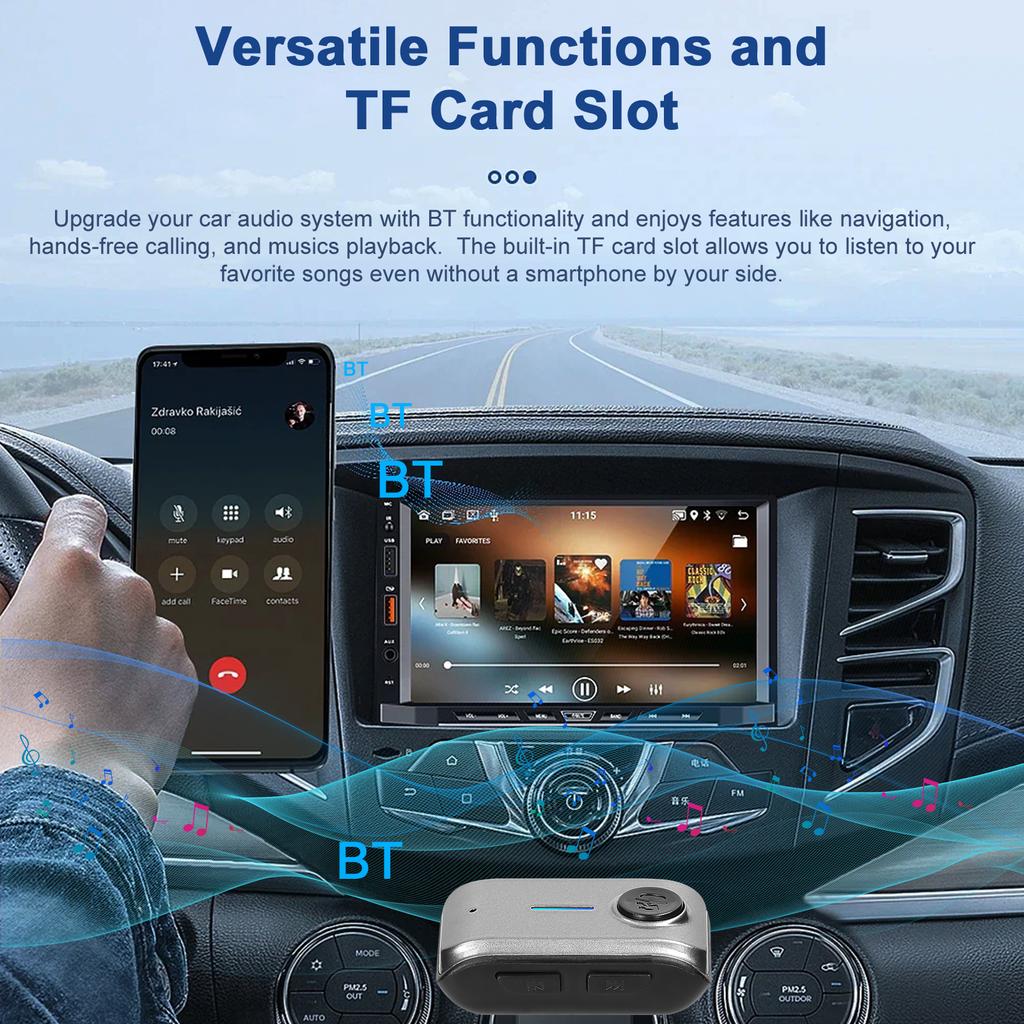 Car BT Receiver 3.5mm AUX BT Car Adapter Wireless Audio Receiver Built in Mic Support TF Card Input Hands free Calling