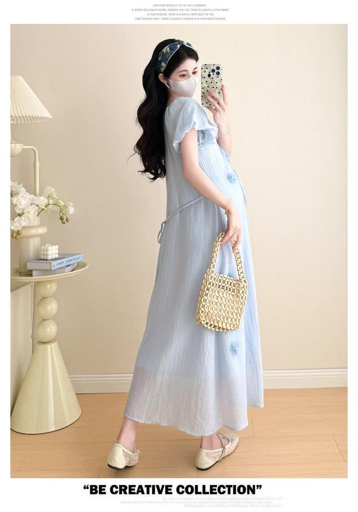 2026 Summer Korean Style Puff Sleeve Knee-Length Maternity Dress