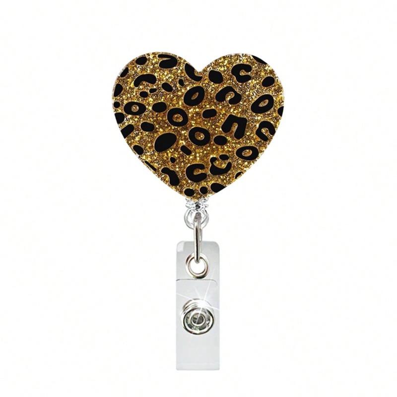 

Leopard Glitter Heart Badge Reel, Retractable Funny Badge Reel With Alligator Clip Accessories, Badge Holder For ID Name Teacher Doctor Holiday Gifts one-size золотой