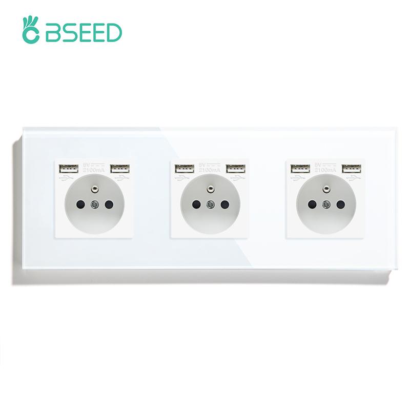 BSEED Single French Wall Socket Double Power Sockets Triple Electric Sockets With Type-c Double USB Charing Ports  Glass Frame