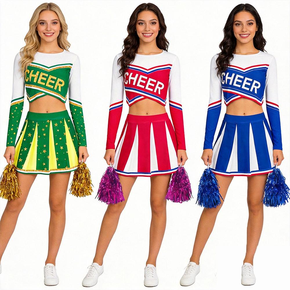 Zombie Cheerleading Uniform Women's Long-sleeve Cheerleader Performance Top Short Skirt Pom-pom Halloween School Student Costume