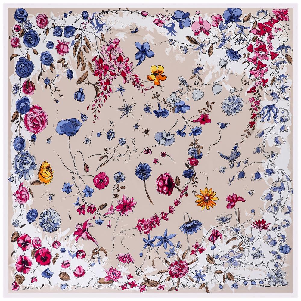 

Silk Scarf Women Large Shawls New Rose Flower Print Stoles Square Bandana Luxury Kerchief Hijab Female Foulards 130CM 130x130cm
