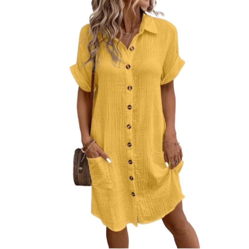 

Женская мода лето весна однотонные короткие рукава повседневные платья M жёлтый