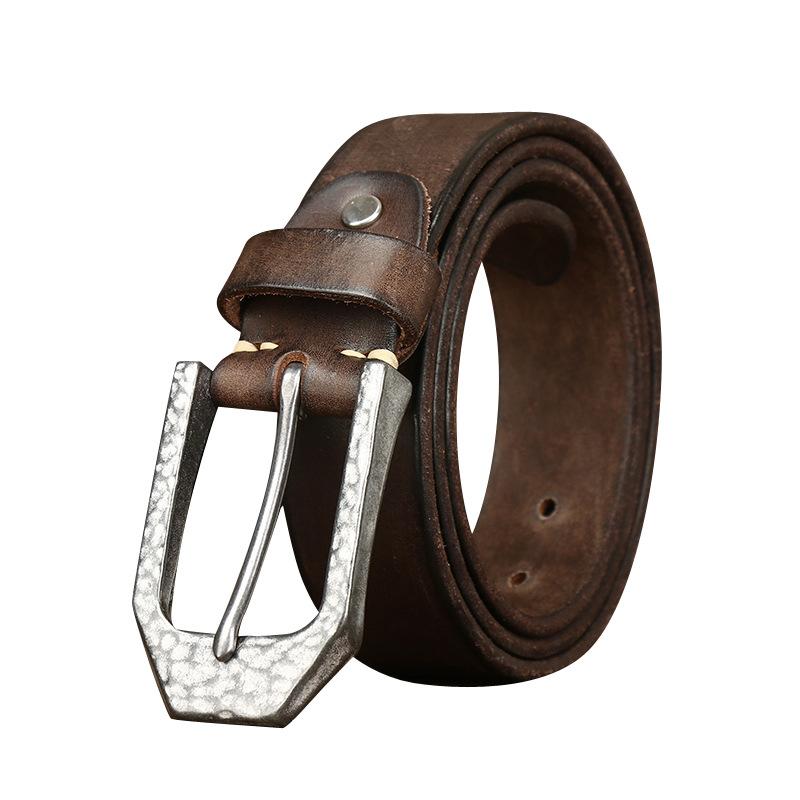 Retro Personalized Hammer Pattern Stainless Steel Button Head Belt Men'S Genuine Leather First Layer Cowhide Trend Versatile Denim Belt Men