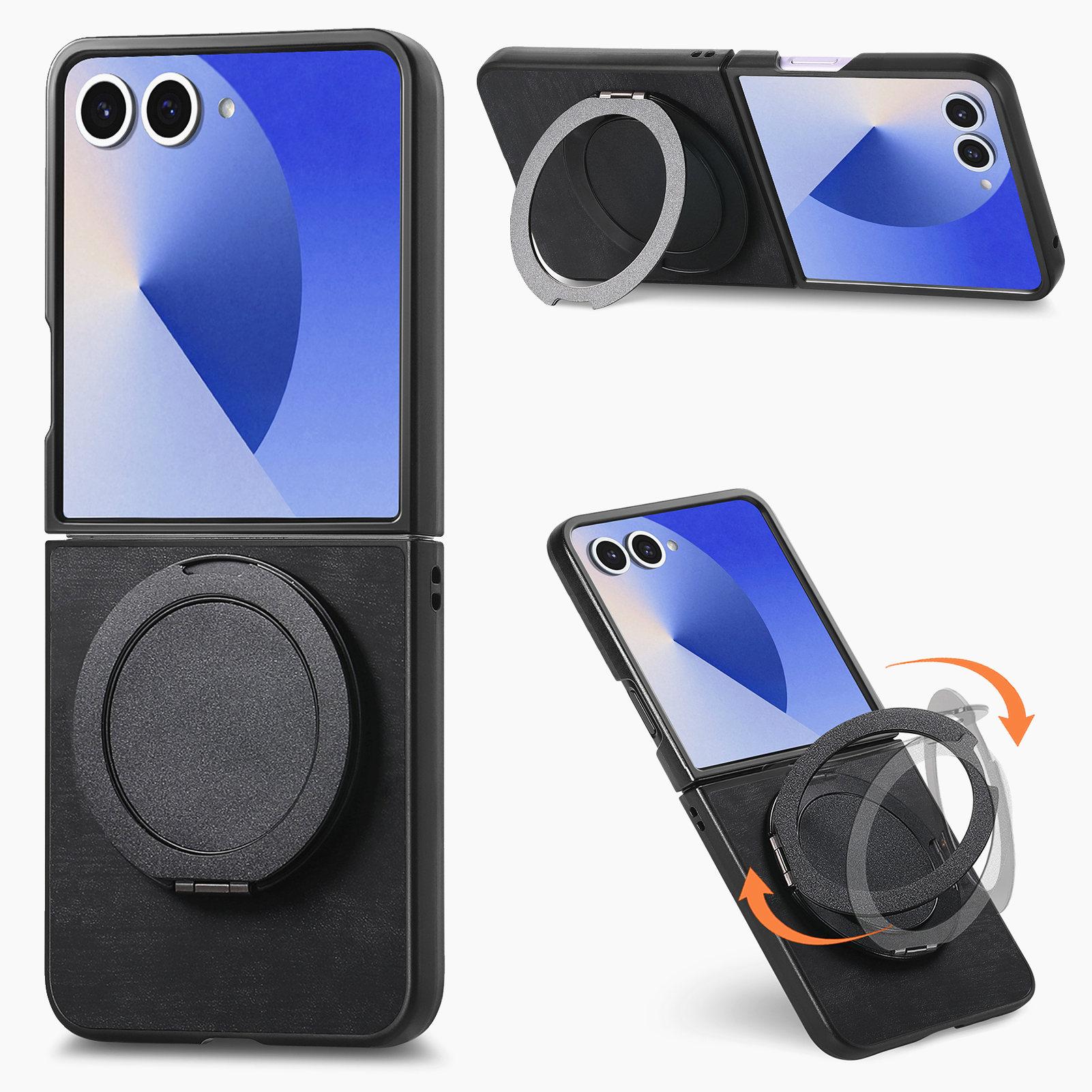 

For Samsung Galaxy Z Flip7 5G Phone Case with Rotating Kickstand Stress Relief Retro Leather Back Cover Black