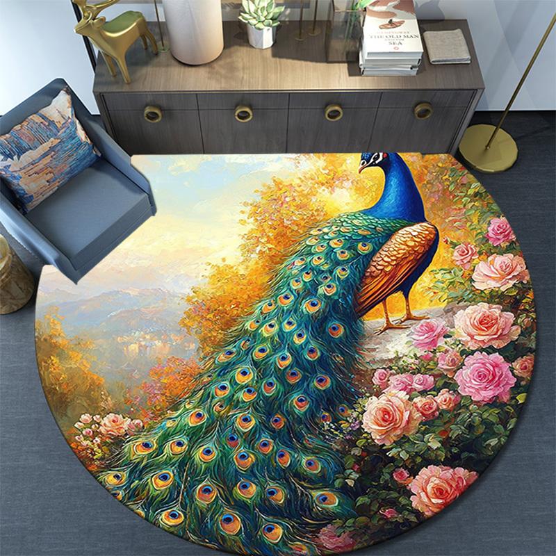 Peacock Garden Round Area Rug,Carpet Rug for Living Room Bedroom Sofa Playroom Decor,Non-slip Floor Mat