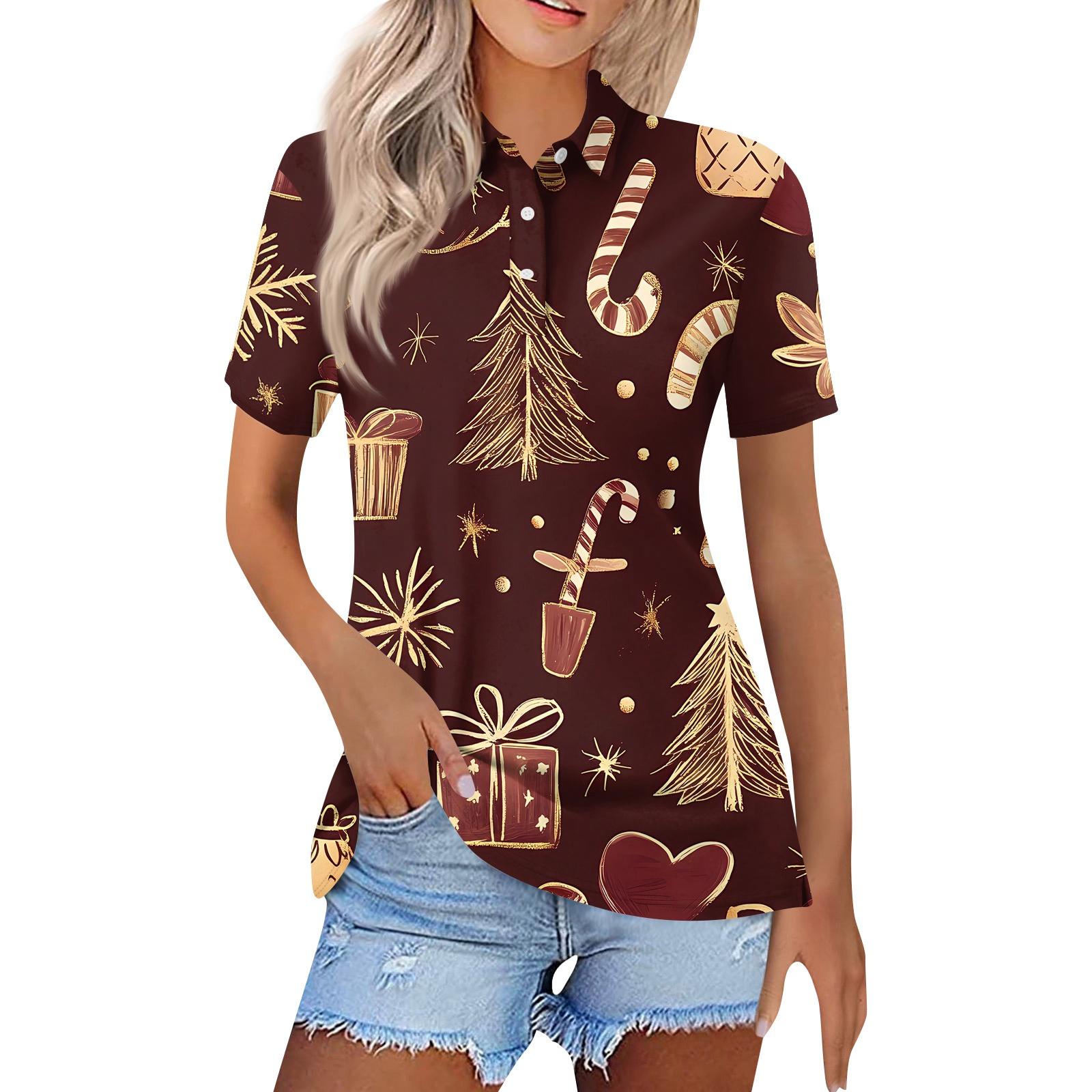 

Женская модная повседневная рубашка с лацканами и короткими рукавами с рождественским принтом, женские топы на пуговицах XL золотой