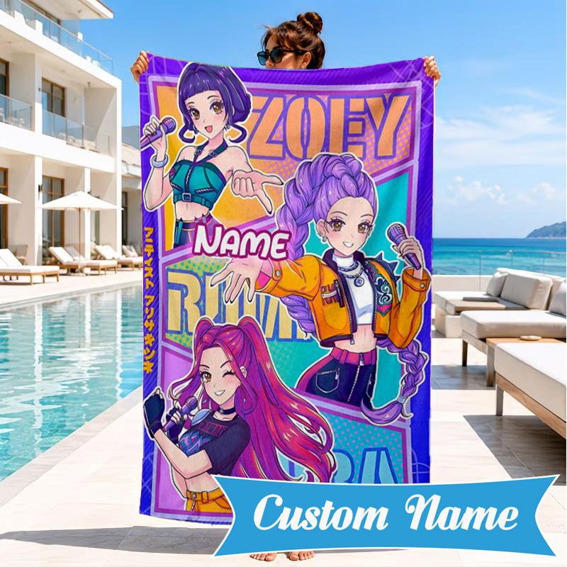 Custom Name KPop Cartoon Beach Towel Microfiber Beach Towel, Lightweight and Quick-Dry, for Summer Travel, Swimming Pool Gift