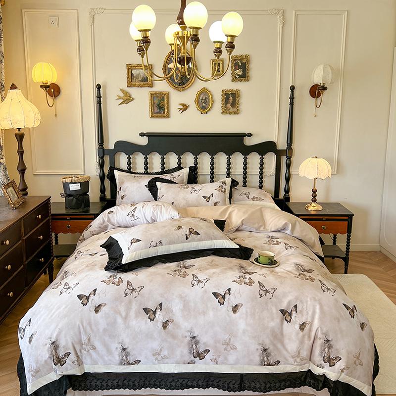 

100% Cotton Butterfly Prints Ruffles Princess Bedding Set Double Queen King Size Duvet Cover Flat/Fitted Sheet Pillowcases 4Pcs Queen 200X230cm 4pcs