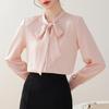 Blue Bowknot Shirt With Satin Fabric And Tie Detail For Office Women