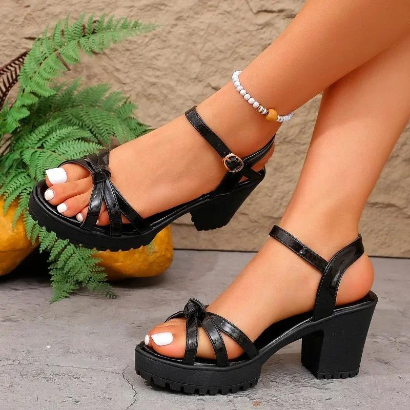 Fashion Ladies Shoes Summer New Narrow Band Buckle Strap Women's Modern Sandals Outdoor Chunky Heel Plus Size Daily Dress Heeled Sandals