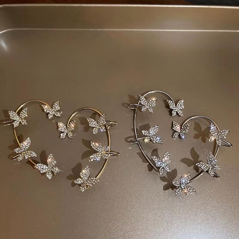 Trendy Diamond Butterfly Clip-On Earrings: Fashionable Non-Piercing Ear Hooks with Celebrity-Inspired Charm