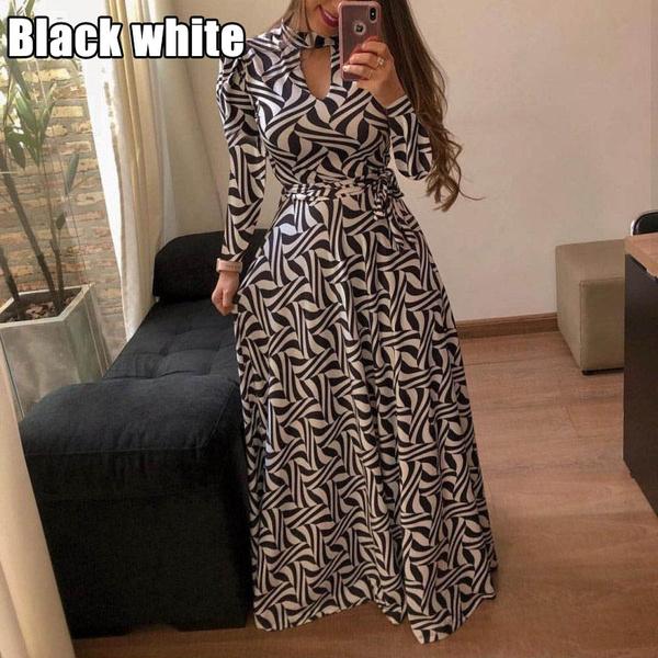 Fashion Women Casual Long Sleeve Dress Maxi Dresses High Waist Flower Dress Party Dress