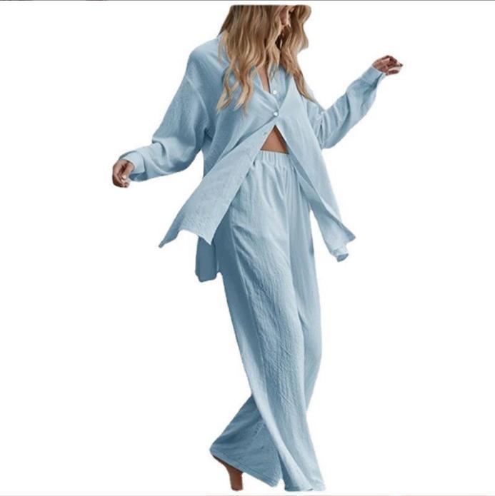 Spring Autumn Women's Muslim Set Wide Leg Pants Set Two Piece Set Linen Buttons Shirt Suit Ramadan Eid Dubai Ensemble Arabic Outfits