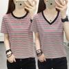 Damen V-Ausschnitt & Rundhalsausschnitt Kurzarm Gestreiftes T-Shirt Lockere Passform Lässiges Basic Oberteil Übergröße Baumwolle Sommerbluse