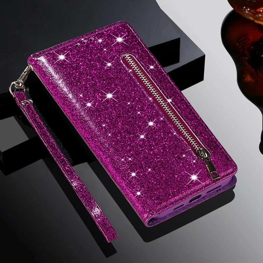 

Wallet Glitter Zipper Card Slot Magnetic Flip Leather Case For Xiaomi 14T Redmi 14C 13C 12C Note 14 Pro+ 13 12 12S 11 10 9 Pro Redmi Note 14 Pro 5G Фіолетовий