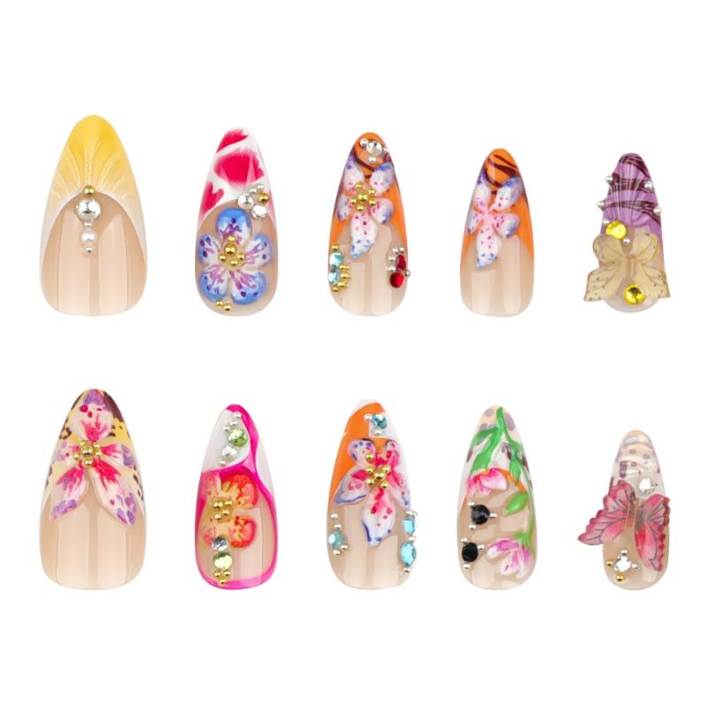 Tropische Blume 3D-Tragende Nagelstück Dreidimensionaler Punktbohrer Schmetterling Französisches Nagelstück Heiß verkaufende Farbe Falsche Nägel Maniküre