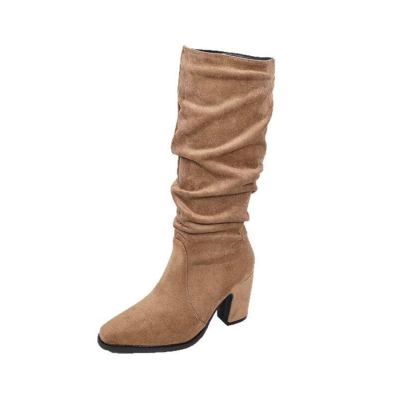 Pleated Pointed High-heeled Fashion Boots Women's 2025 Winter New Thick-heeled Plus-size High Boots
