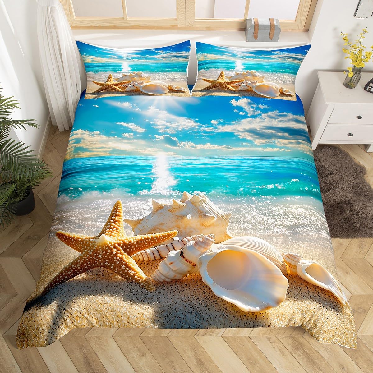 

Summer Beach Theme Duvet Cover Twin Queen, Starfish Conch Seashell Bedding Set For Boys Girls Bedroom, Ocean Animal Bed Cover EU Single(135x200cm)