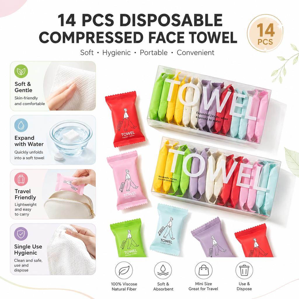 14PCS Disposable Compressed Face Towels Portable Travel Cleansing Towels Individually Wrapped
