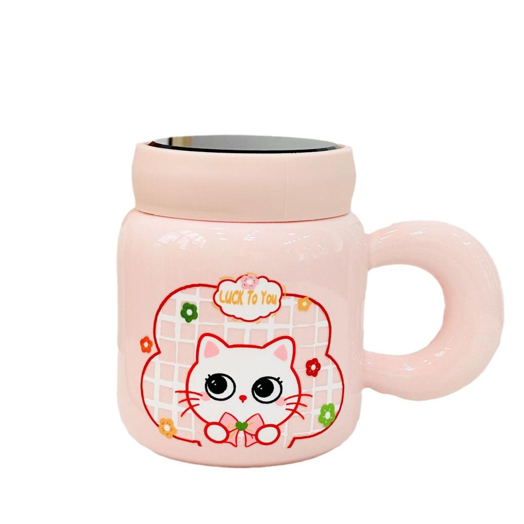 Kreslená kočka s víčkem Zrcadlo Keramický pohár Roztomilý kreslený hrnek Vysoce vypadající domácí pohár na vodu pro kancelářské dívky