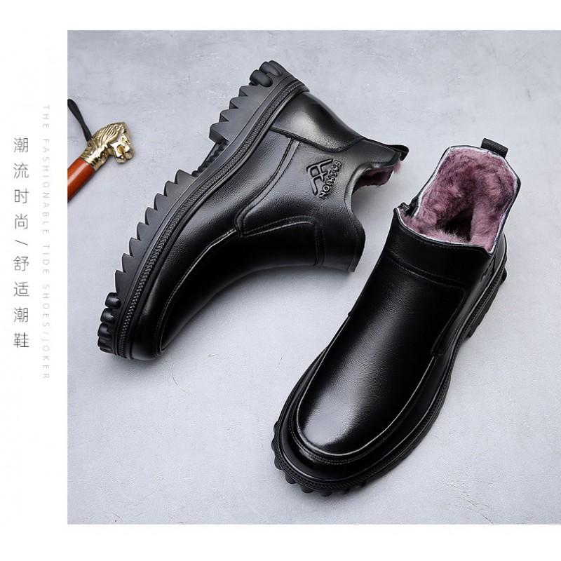 Mens Winter Warm Leather Slip-On Boots With Real Sheepskin Lining Thick Sole Casual High-Top Cold Weather
