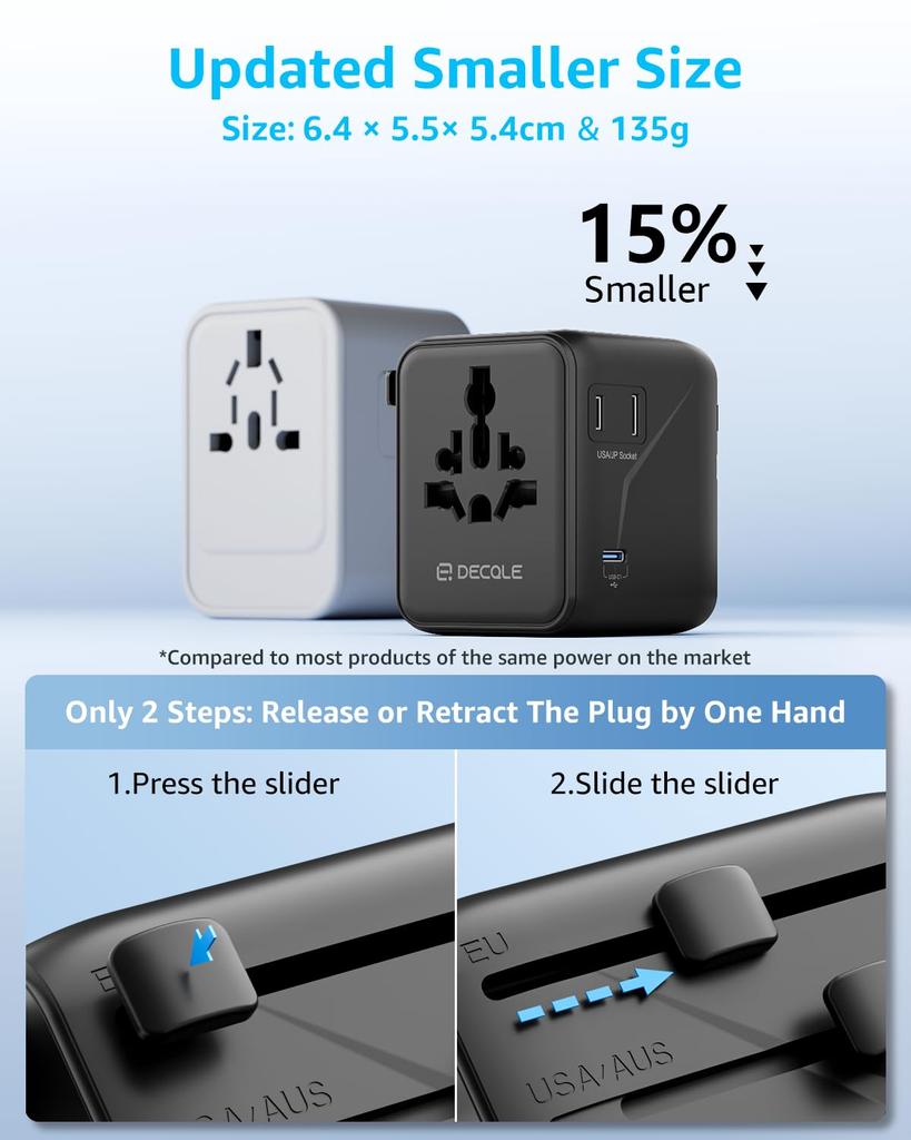 Decqle International Adapter Plug Outlet Converter with 3 2 Ports an Additional AC Simultaneous Worldwide Compatible with Countries Including the and