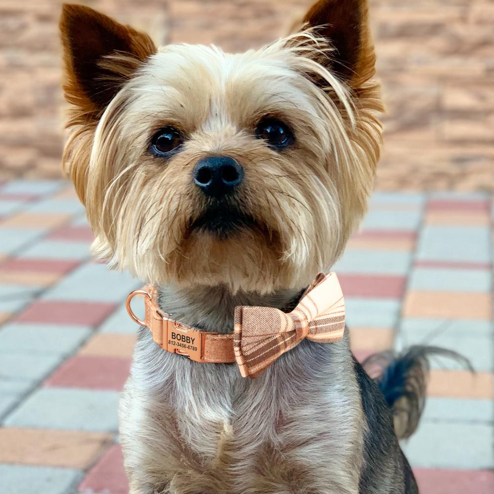 Personalized Bowknot Dog Collar Nylon Plaid Dog Collars Free Engraving Custom Pet Nameplate Necklace For Small Medium Large Dogs