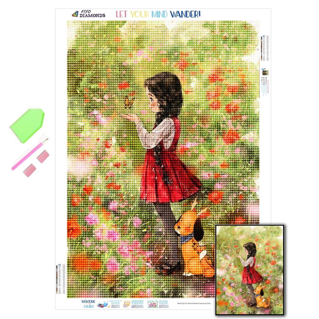 Kit Pittura Diamantata 5D Fai Da Te - Ragazza Con Fiori - Quadro Con Strass 30x40 Cm Per Adulti E Bambini