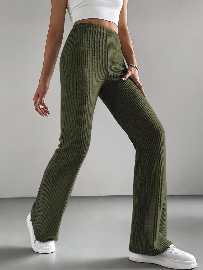 2025 Women's Autumn Knitted Ribbed Flared Pants - Solid Color Casual Micro-flare
