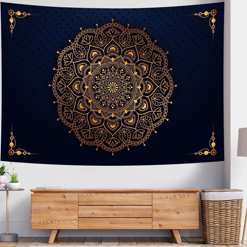Aesthetic Boho Gold Floral Medallion Tapestry Wall Hanging Bohemian Wall Art Indian Hippie Psychedelic Headboard for Bedroom