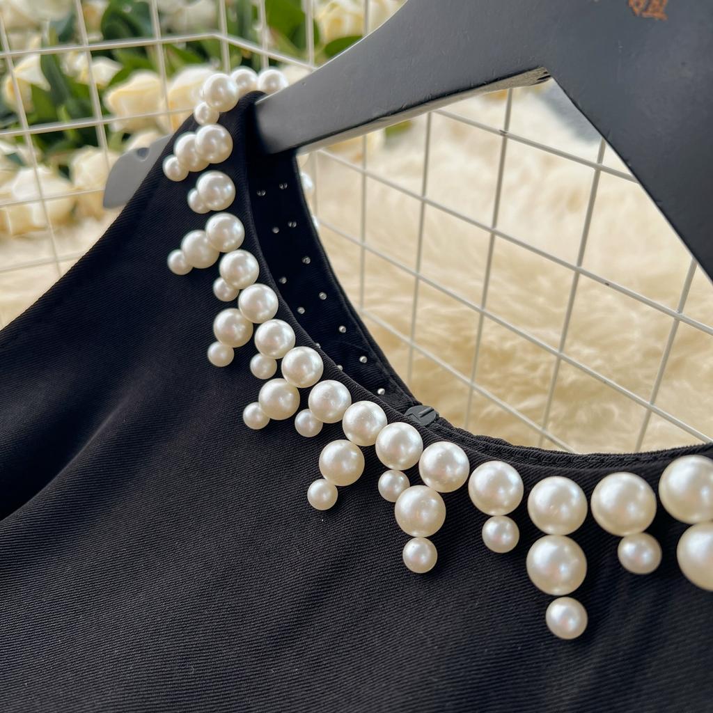 Summer Vintage Black Beading Collar Solid Sleeveless Long Midi Tank Party Dresses
