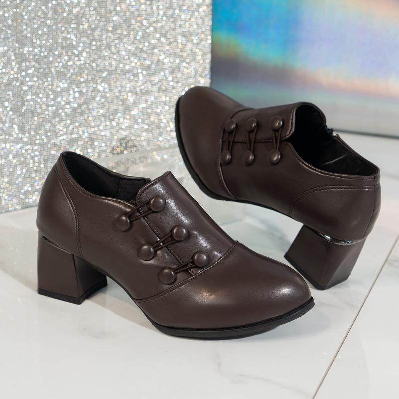 Women's low-top single shoes Women's spring and autumn high-heeled women's leather shoes Light mouth square heel mother shoes