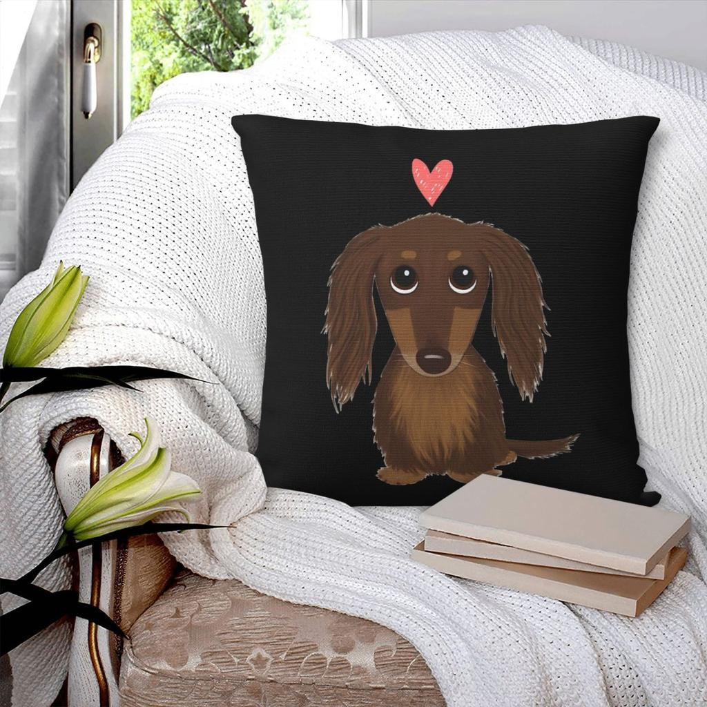 Süßer Hund Langhaariger Schokoladen-Dackel Würstchenhund Quadratischer Kissenbezug Kissenhülle Kissen Komfort Wurfkissen für Zuhause Sofa