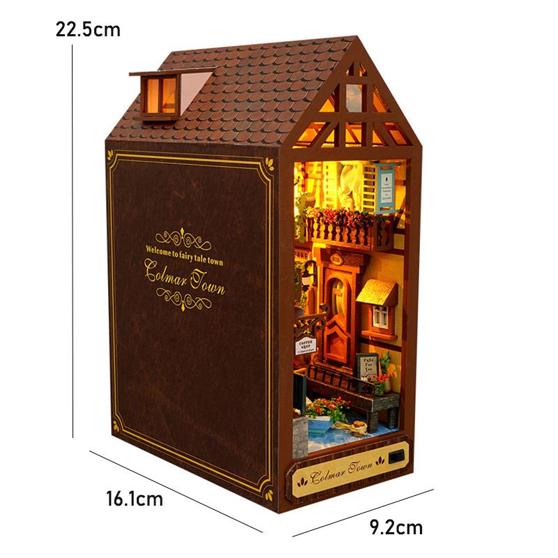 Bücherregal-Set Puppenhaus Holz Beleuchtet DIY Buchnische Bausatz 3D Puzzle Zusammenbau Gebäudemodell Buchstützen Geburtstagsgeschenke für Erwachsene