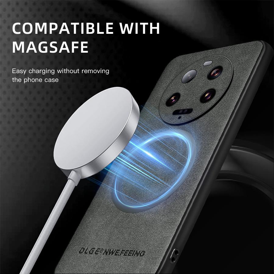 OLGE Luxury Leather Texture Case for Xiaomi 13 Ultra Mi 13 14 Pro Support Wireless Charging Magnetic Protective Cover Funda