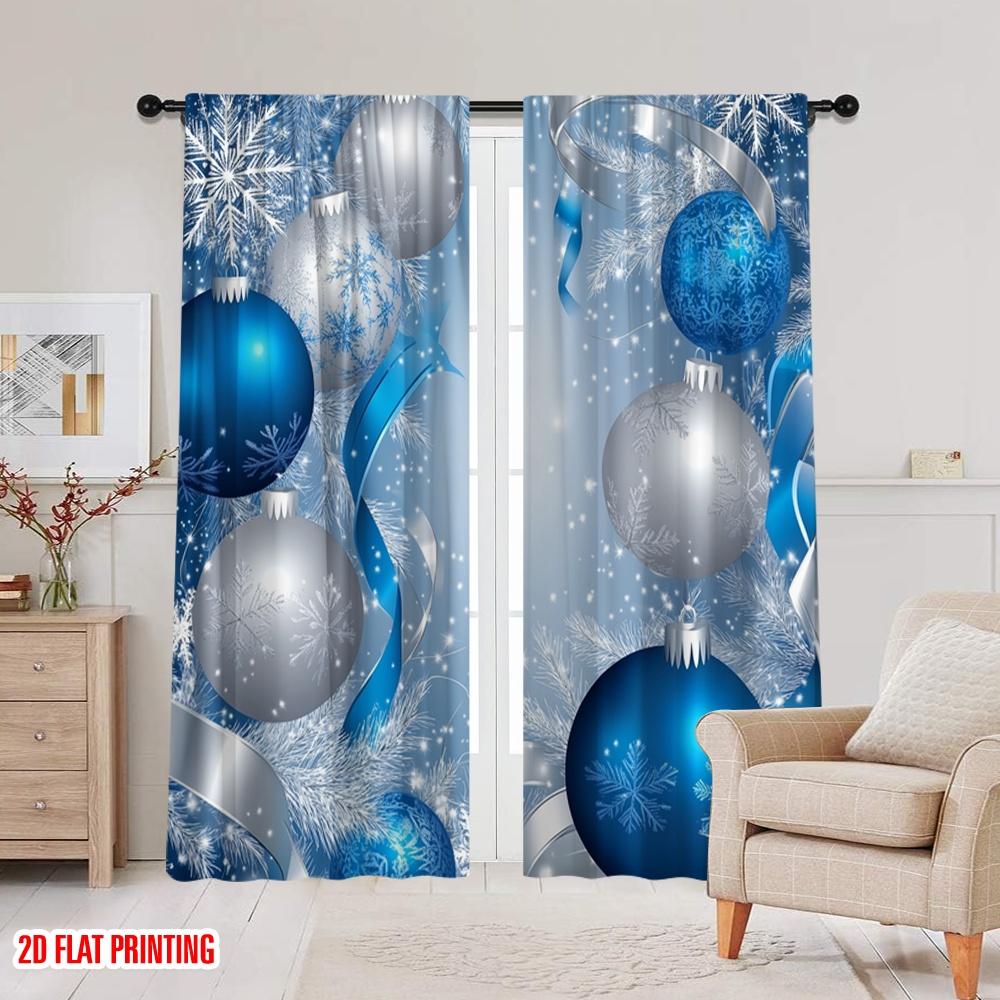 2pcs  2D plane printing Curtains&Window Treatment Blue Silver Christmas Ornaments (3) Polyester Fabric (without rod) Art Deco
