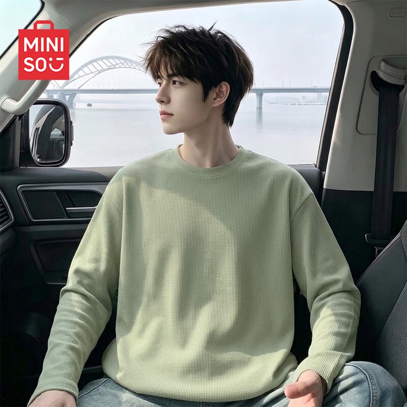 MINISO Men's Waffle Knit Long Sleeve Casual Loose T-Shirt