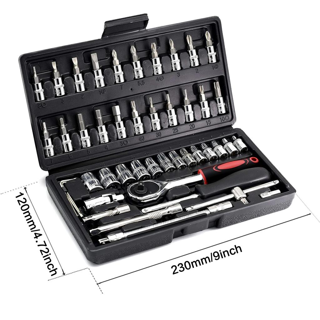 STONEGO 46Pcs/53Pcs 1/4 Inch Drive Socket Set, Metric Ratchet Wrench Set with 4-14mm CR-V Socket, S2 Drill Bit, Extension Rod