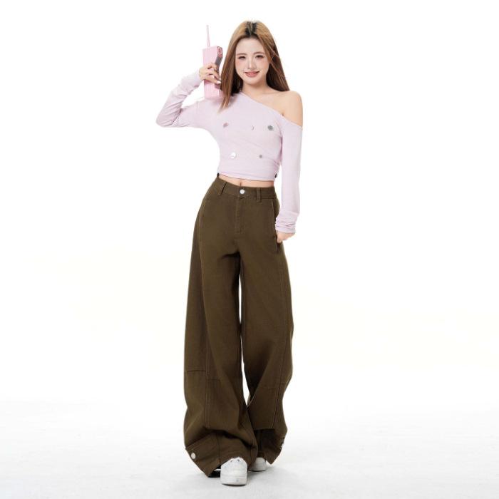 

Women s Sea Salt Khaki Curved Wide-Leg Jeans - Spring 2026 Stylish Loose Fit XS