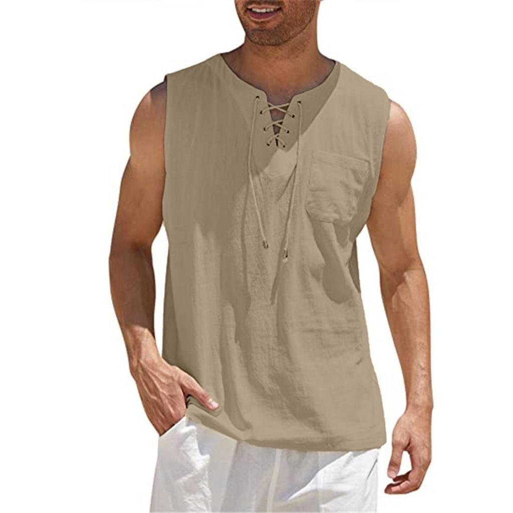 Men's Casual Loose Cotton Linen Shirts  Colour Shirt Blouse Sleeveless Vest Beach Shirts Tops