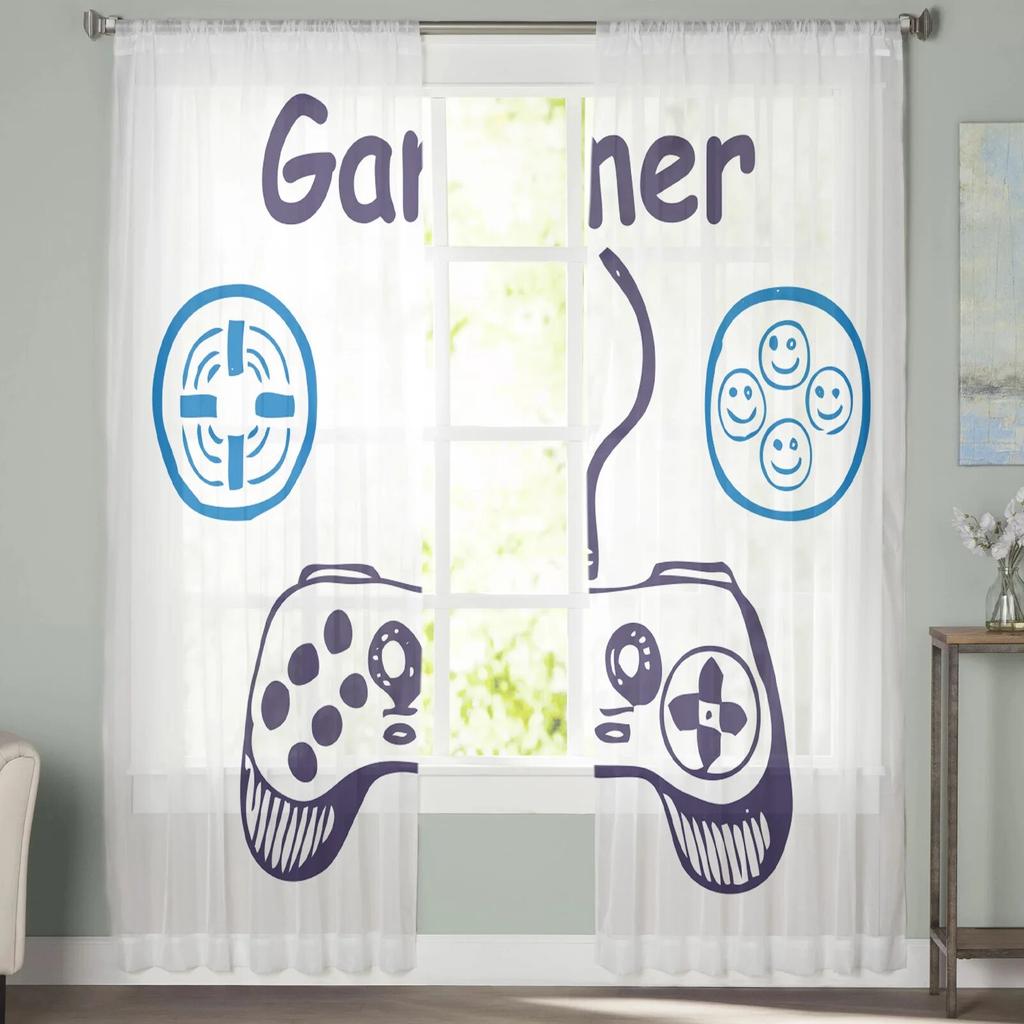 Cortinas transparentes con dibujos de teclado de juego para niña, dormitorio, cocina, ventana, decoración del hogar